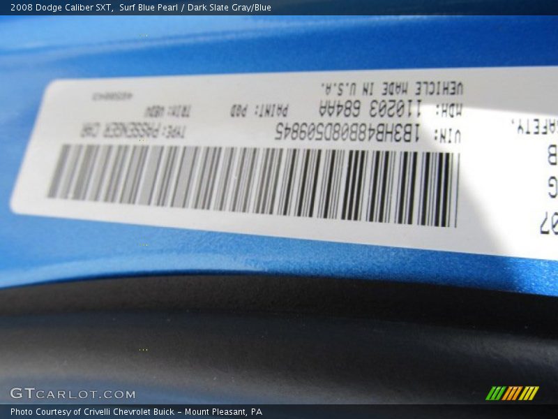Surf Blue Pearl / Dark Slate Gray/Blue 2008 Dodge Caliber SXT
