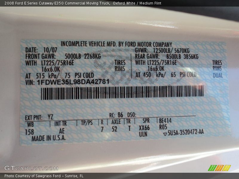 2008 E Series Cutaway E350 Commercial Moving Truck Oxford White Color Code YZ