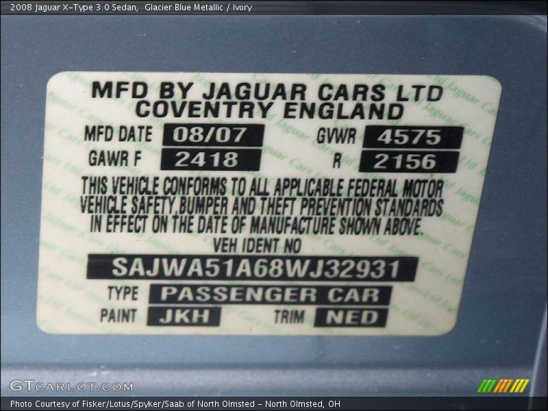 2008 X-Type 3.0 Sedan Glacier Blue Metallic Color Code JKH