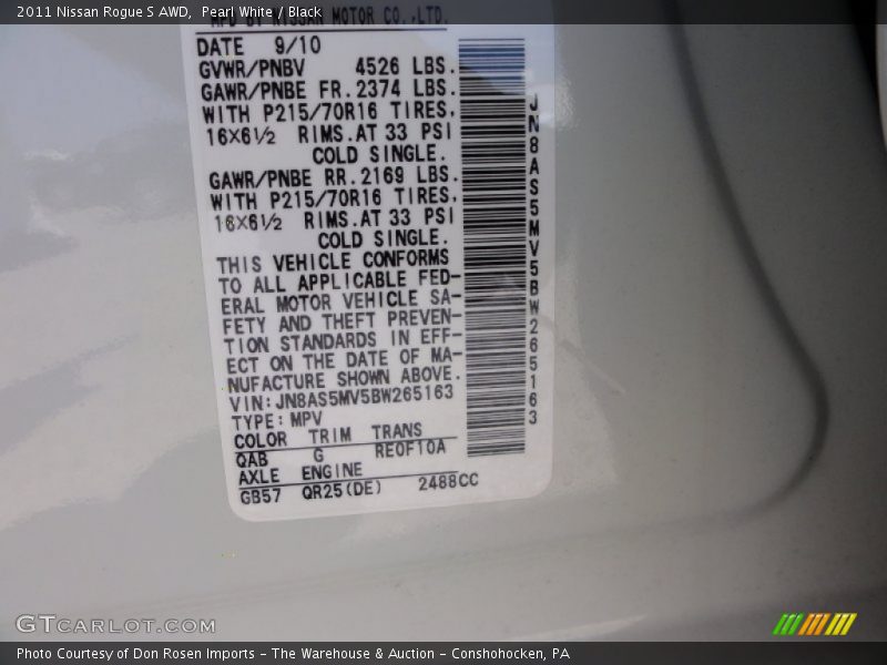 Pearl White / Black 2011 Nissan Rogue S AWD