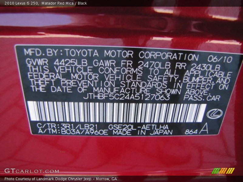 2010 IS 250 Matador Red Mica Color Code 3R1