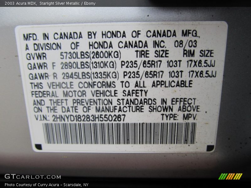 Starlight Silver Metallic / Ebony 2003 Acura MDX