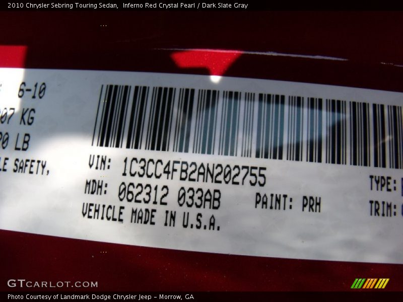 Inferno Red Crystal Pearl / Dark Slate Gray 2010 Chrysler Sebring Touring Sedan