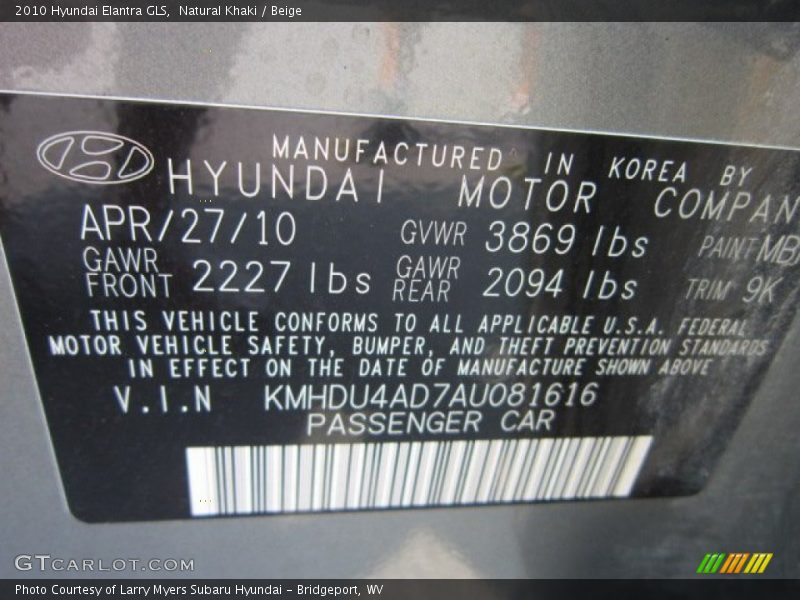 Natural Khaki / Beige 2010 Hyundai Elantra GLS