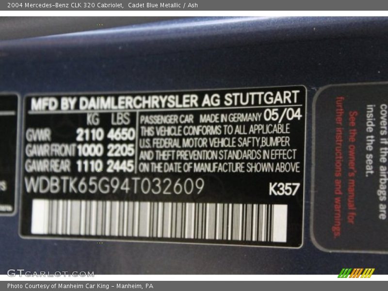 2004 CLK 320 Cabriolet Cadet Blue Metallic Color Code 357