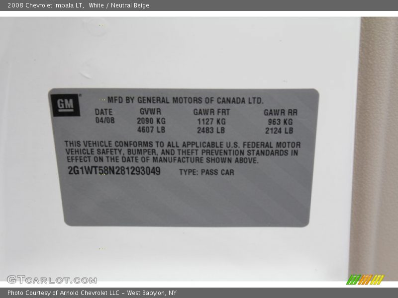 White / Neutral Beige 2008 Chevrolet Impala LT