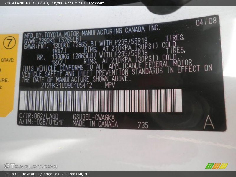 Crystal White Mica / Parchment 2009 Lexus RX 350 AWD