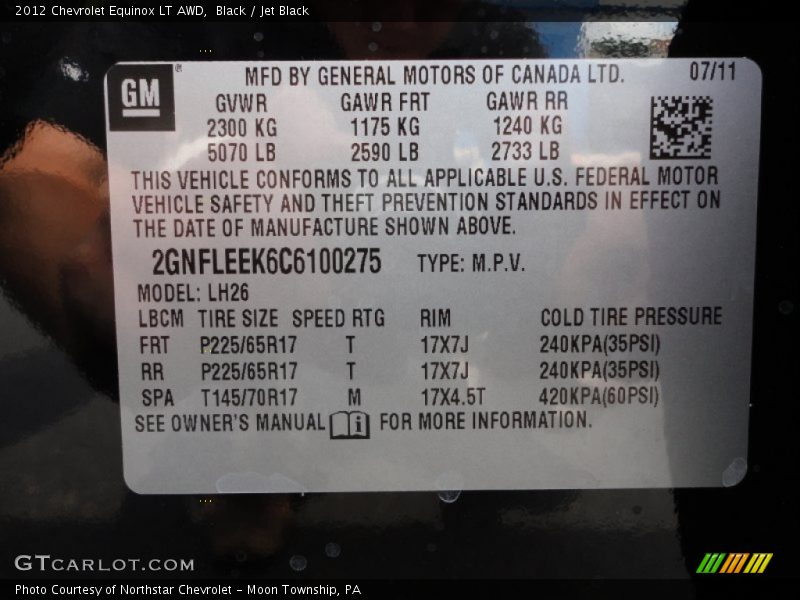 Info Tag of 2012 Equinox LT AWD
