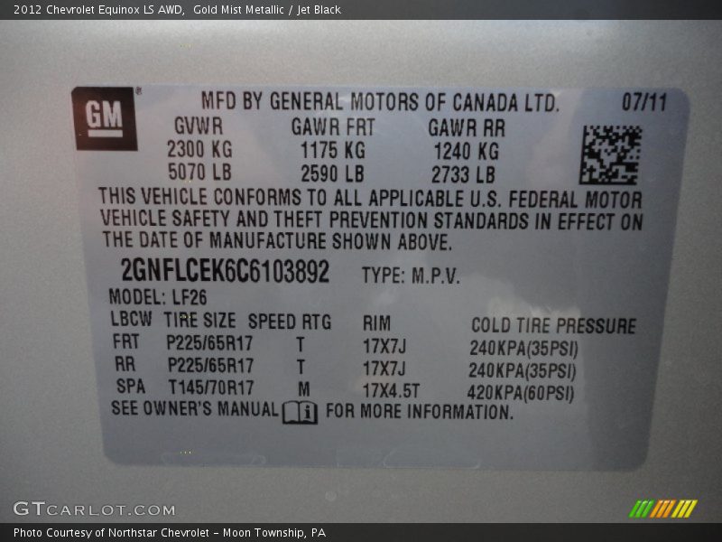 Gold Mist Metallic / Jet Black 2012 Chevrolet Equinox LS AWD