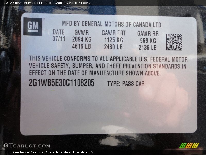 Info Tag of 2012 Impala LT