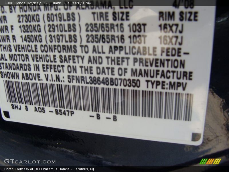 Baltic Blue Pearl / Gray 2008 Honda Odyssey EX-L