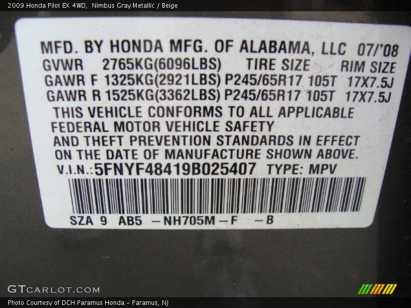 Nimbus Gray Metallic / Beige 2009 Honda Pilot EX 4WD