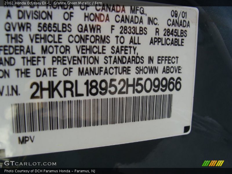 Granite Green Metallic / Fern 2002 Honda Odyssey EX-L