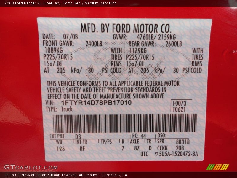 2008 Ranger XL SuperCab Torch Red Color Code D3