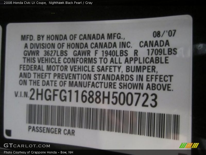 Nighthawk Black Pearl / Gray 2008 Honda Civic LX Coupe