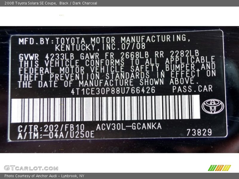 2008 Solara SE Coupe Black Color Code 202