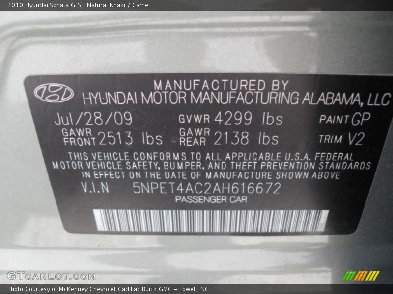 Natural Khaki / Camel 2010 Hyundai Sonata GLS