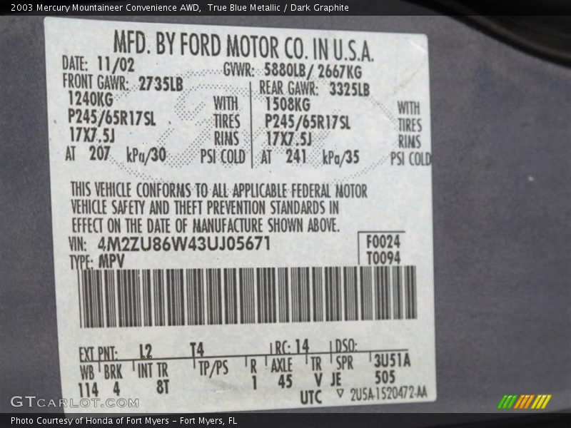 2003 Mountaineer Convenience AWD True Blue Metallic Color Code L2