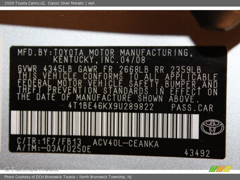 Classic Silver Metallic / Ash 2009 Toyota Camry LE