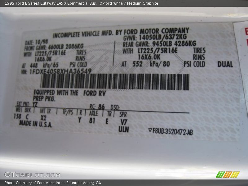 1999 E Series Cutaway E450 Commercial Bus Oxford White Color Code YZ