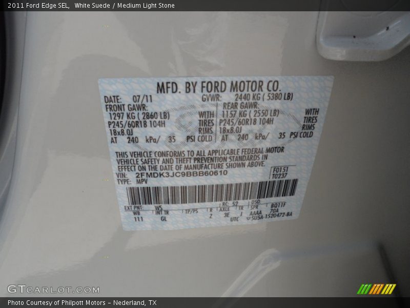 White Suede / Medium Light Stone 2011 Ford Edge SEL