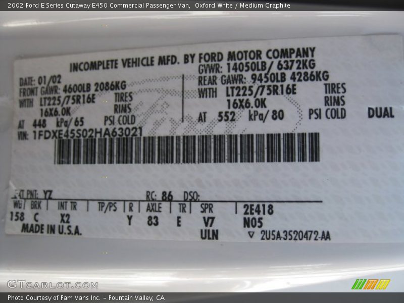 2002 E Series Cutaway E450 Commercial Passenger Van Oxford White Color Code YZ