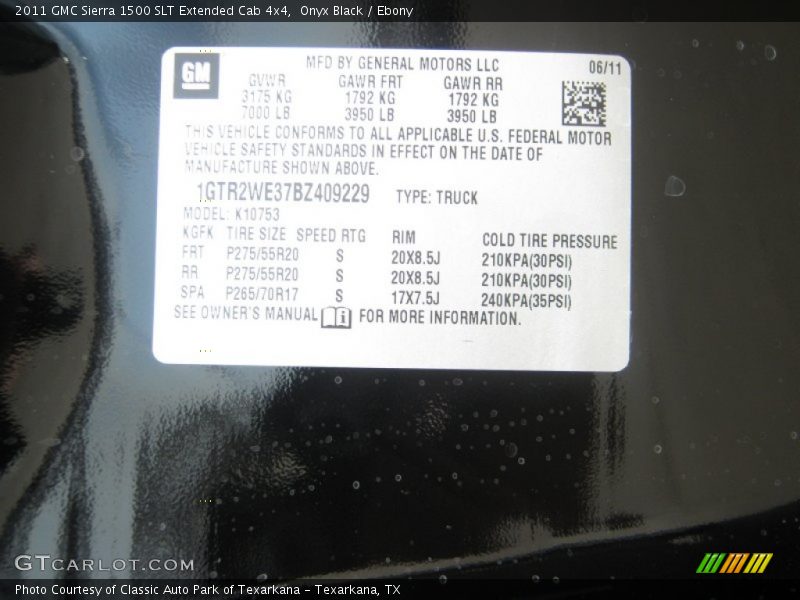 Info Tag of 2011 Sierra 1500 SLT Extended Cab 4x4
