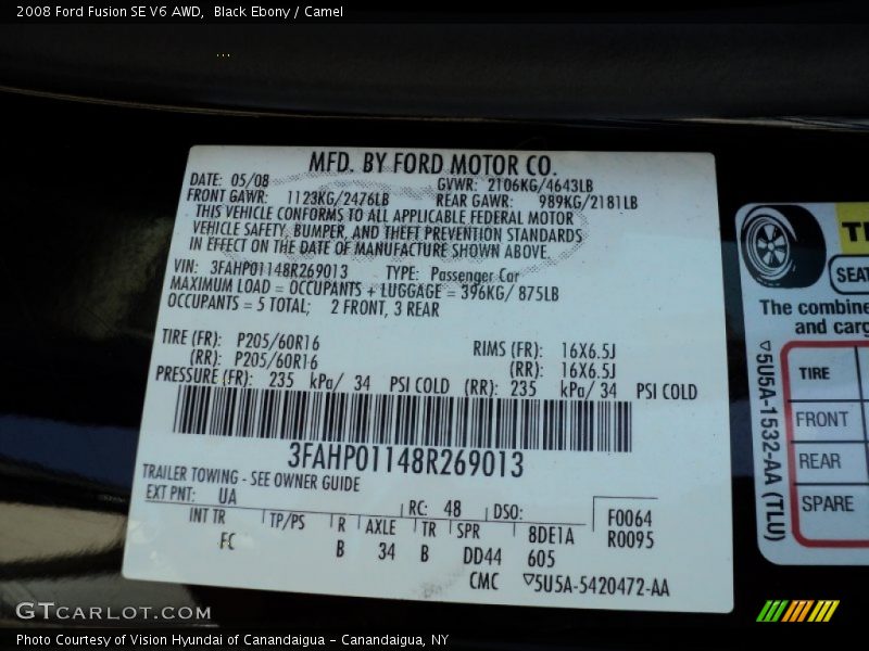 2008 Fusion SE V6 AWD Black Ebony Color Code UA