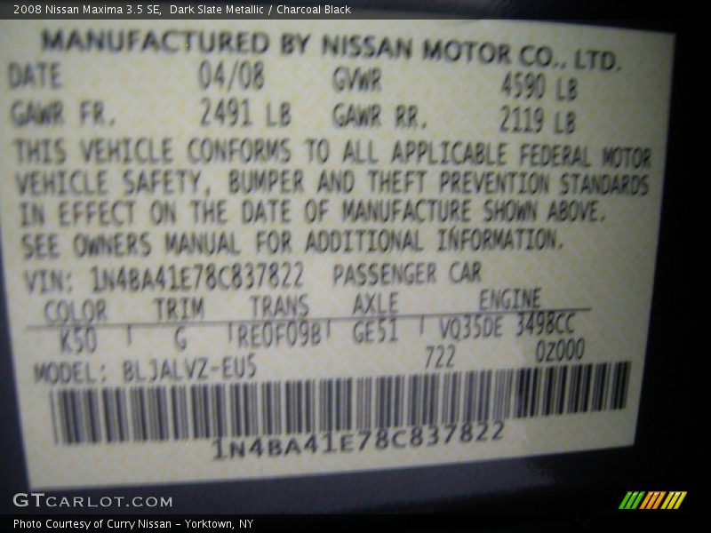 Dark Slate Metallic / Charcoal Black 2008 Nissan Maxima 3.5 SE