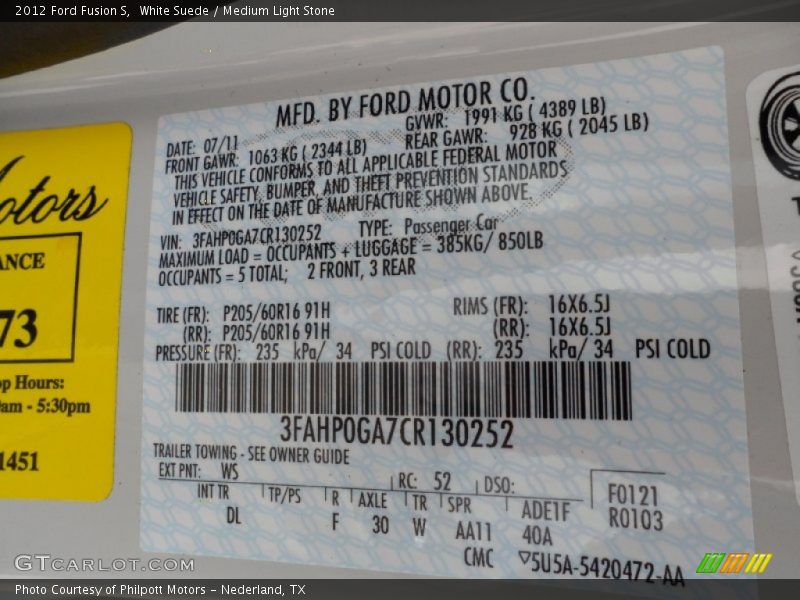 2012 Fusion S White Suede Color Code WS