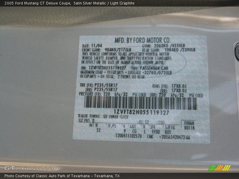 2005 Mustang GT Deluxe Coupe Satin Silver Metallic Color Code TL