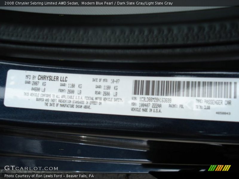 Modern Blue Pearl / Dark Slate Gray/Light Slate Gray 2008 Chrysler Sebring Limited AWD Sedan