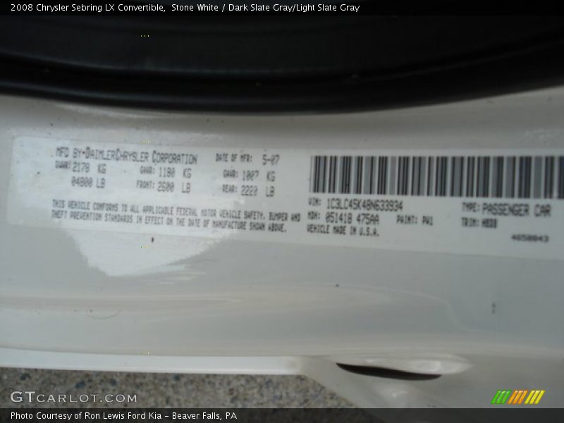 Stone White / Dark Slate Gray/Light Slate Gray 2008 Chrysler Sebring LX Convertible