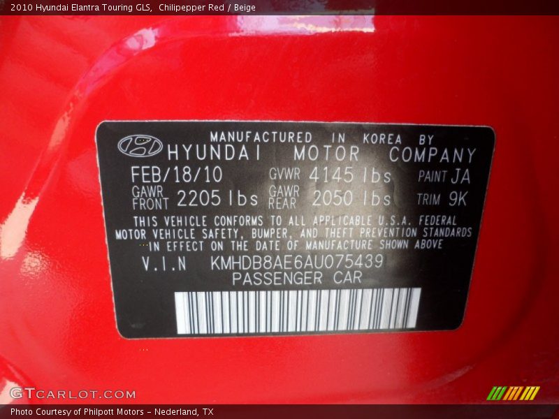 2010 Elantra Touring GLS Chilipepper Red Color Code JA