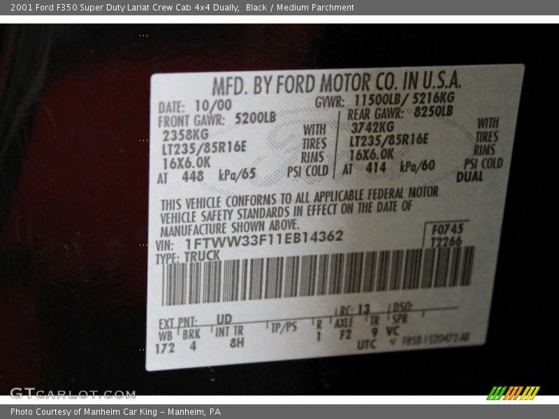 2001 F350 Super Duty Lariat Crew Cab 4x4 Dually Black Color Code UD