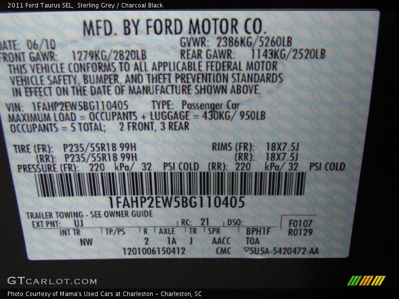 Sterling Grey / Charcoal Black 2011 Ford Taurus SEL