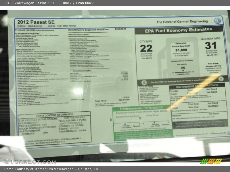  2012 Passat 2.5L SE Window Sticker