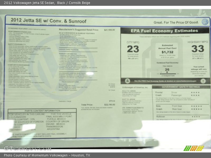  2012 Jetta SE Sedan Window Sticker