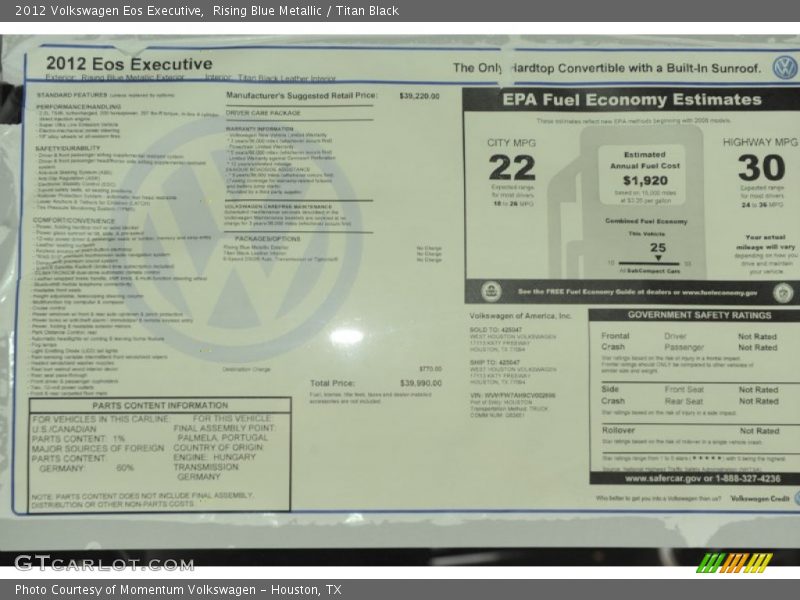  2012 Eos Executive Window Sticker