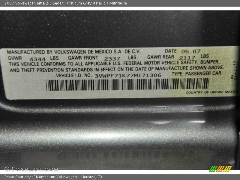 Platinum Grey Metallic / Anthracite 2007 Volkswagen Jetta 2.5 Sedan