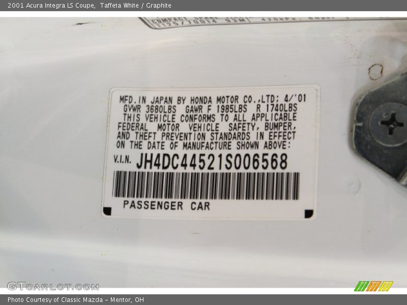 Taffeta White / Graphite 2001 Acura Integra LS Coupe
