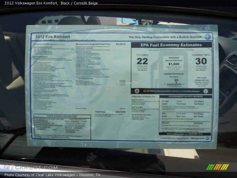 Black / Cornsilk Beige 2012 Volkswagen Eos Komfort