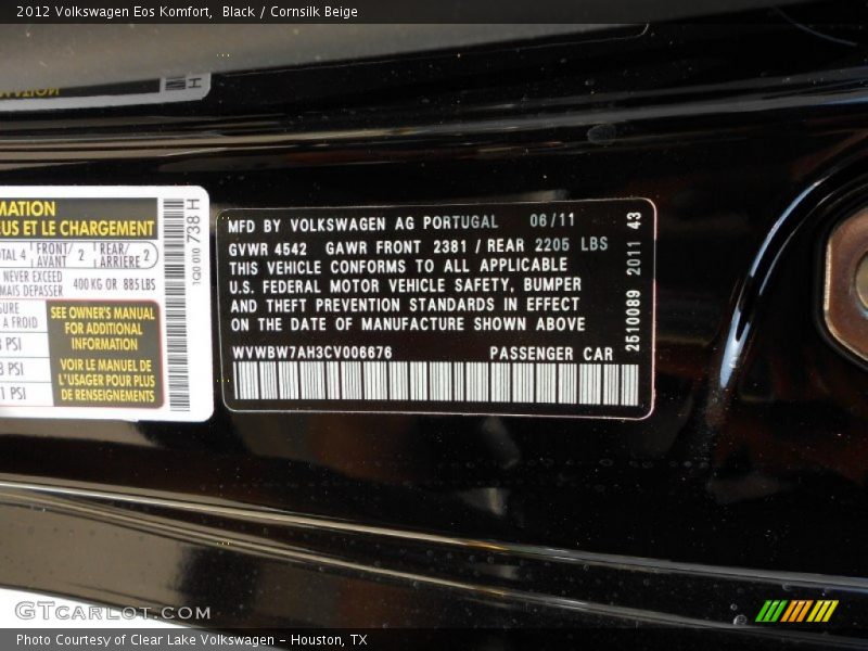 Black / Cornsilk Beige 2012 Volkswagen Eos Komfort