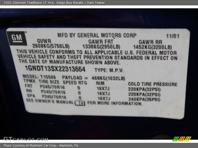 Indigo Blue Metallic / Dark Pewter 2002 Chevrolet TrailBlazer LT 4x4