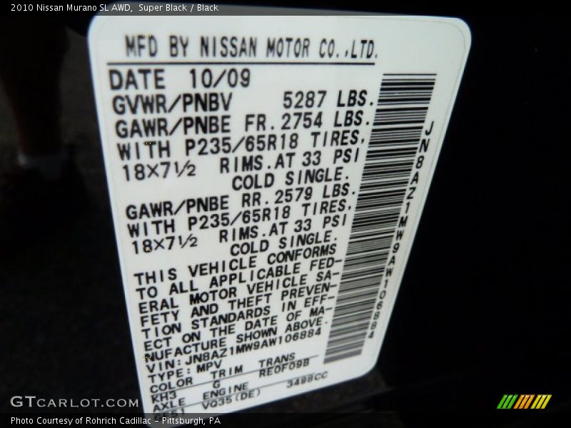 Super Black / Black 2010 Nissan Murano SL AWD