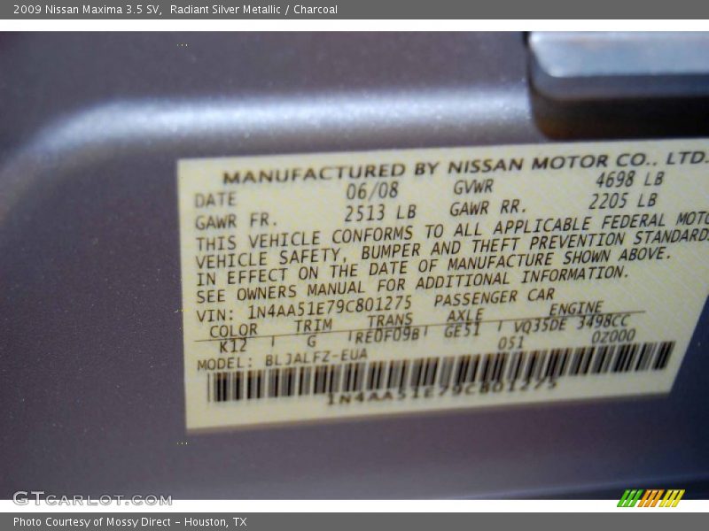 Radiant Silver Metallic / Charcoal 2009 Nissan Maxima 3.5 SV