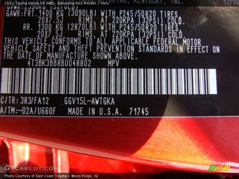 Barcelona Red Metallic / Ivory 2011 Toyota Venza V6 AWD