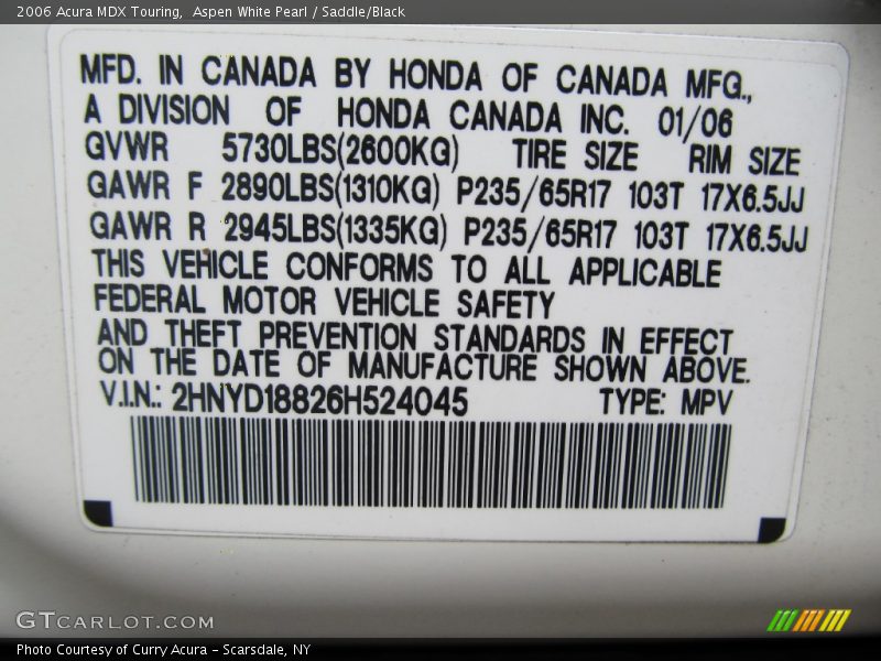 Aspen White Pearl / Saddle/Black 2006 Acura MDX Touring