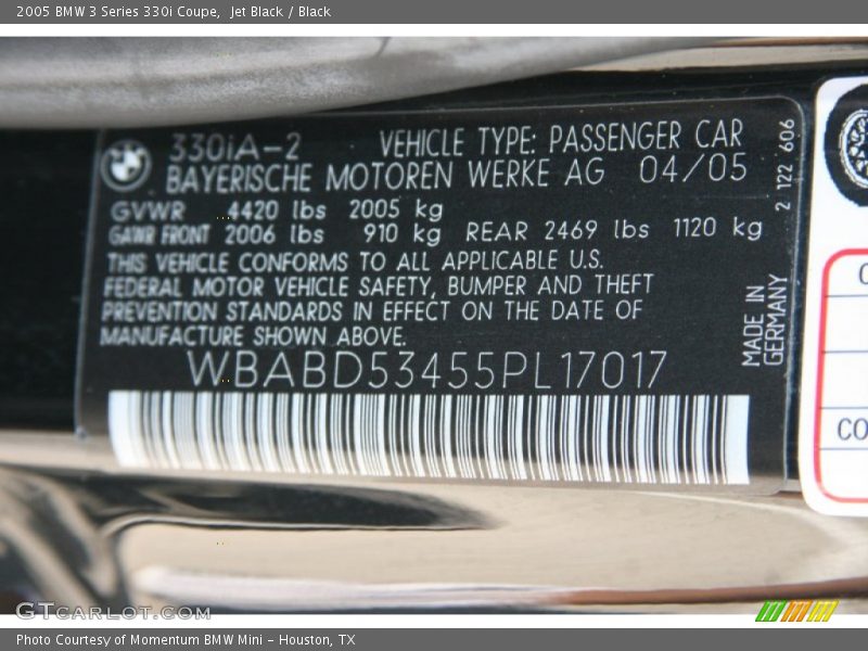 Jet Black / Black 2005 BMW 3 Series 330i Coupe