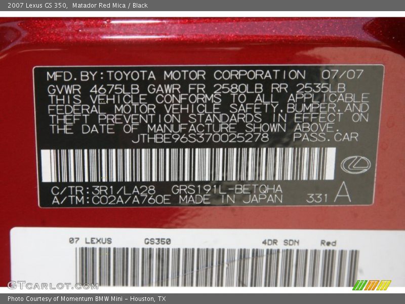 Matador Red Mica / Black 2007 Lexus GS 350